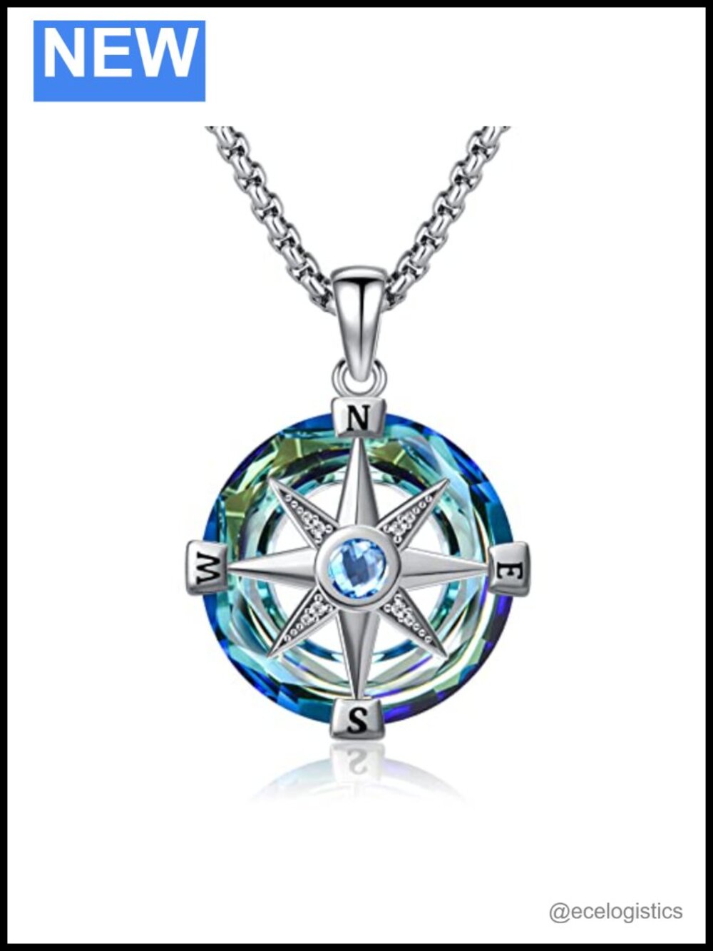 Sterling Silver Compass Necklace Pendant Austrian Crystal 20-22"